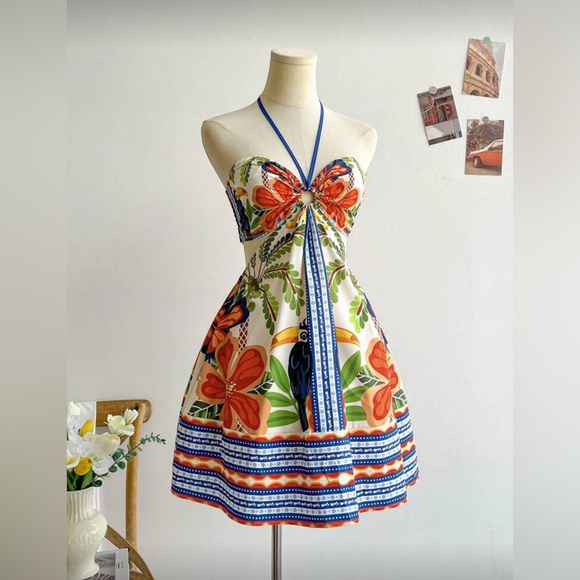 NEW Floral Halter Dress with Blue Accents - Picture 3 of 8